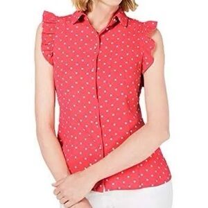 Anne Klein EUC Melon/Pink Polka Dot Ruffle Blouse Women’s Size 8